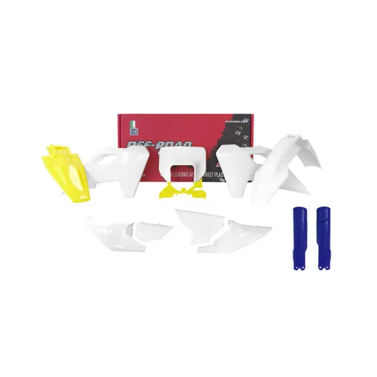 RTECH FULL PLASTIC KIT 8 PCS WITH WHITE FRONT HEADLIGHT PLASTIC AND BLUE FORK PROTECTORS - R-KITHSQ-OEM-824