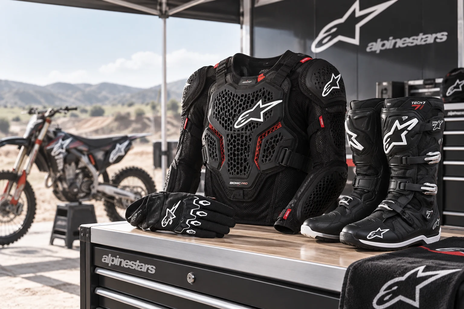 ALPINESTARS motocross csizmák, protektoringek és kesztyűk